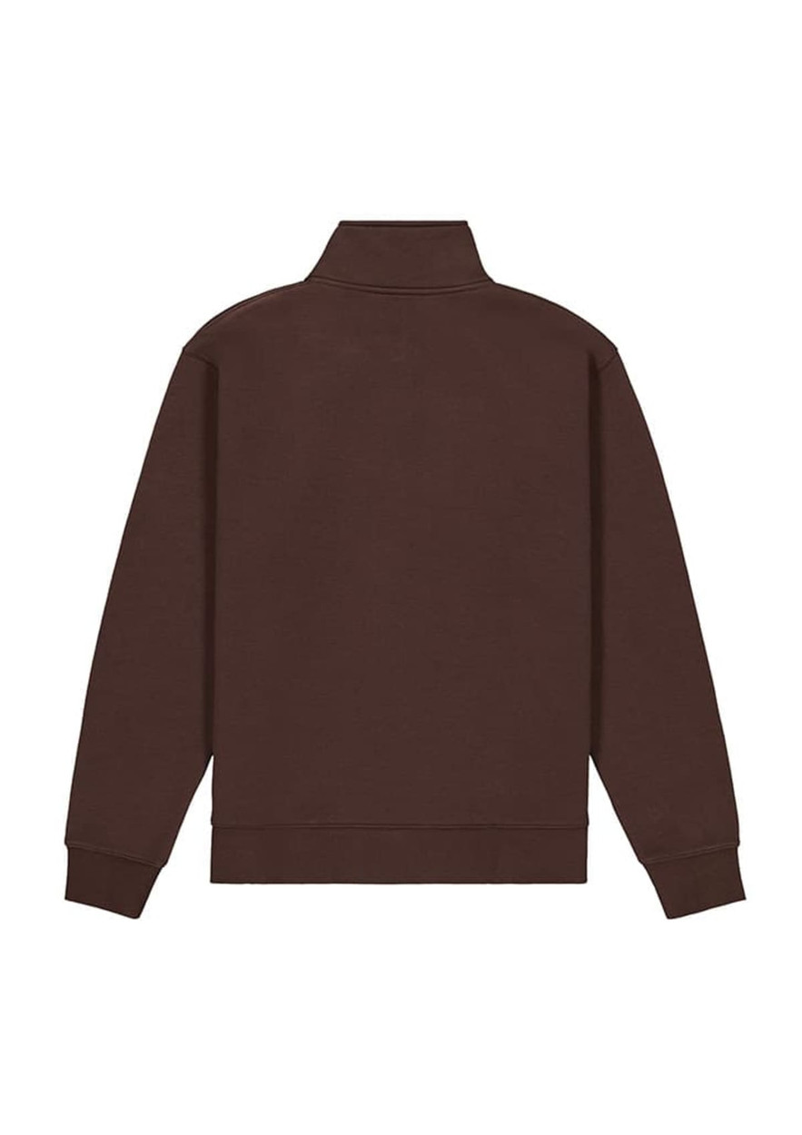 A brown men's jumper with a 1/4 zip, featuring a high collar and long sleeves. The back is plain and unadorned.