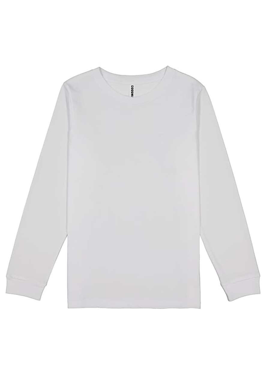 A white long sleeve T-shirt featuring a logo, designed for youth. Simple and classic in style.