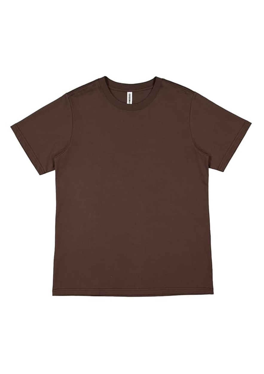 A brown women's short sleeve tee with a simple design and a label on the neckline.