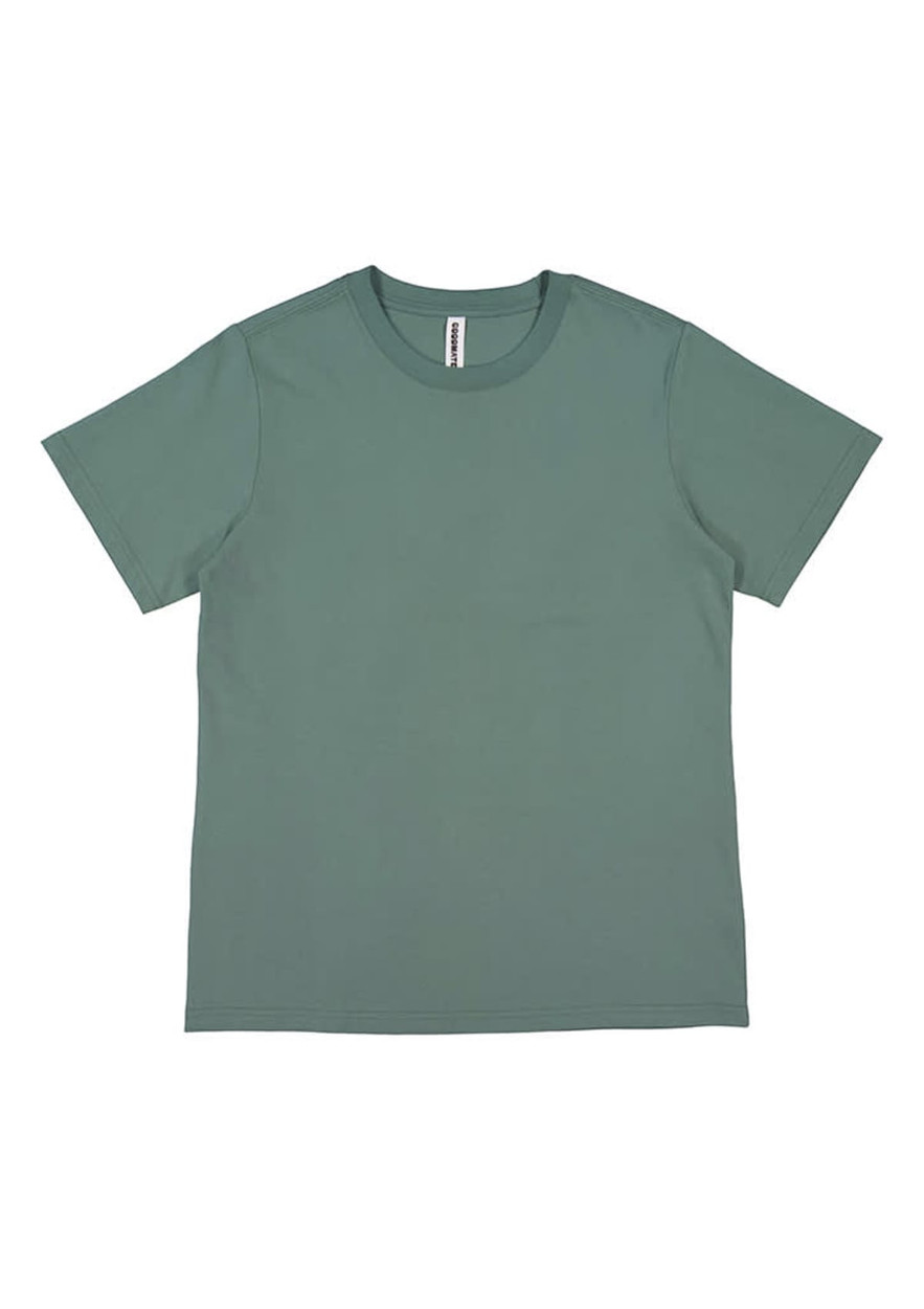A short sleeve tee in a muted green colour with a simple design and a brand logo inside the neckline.