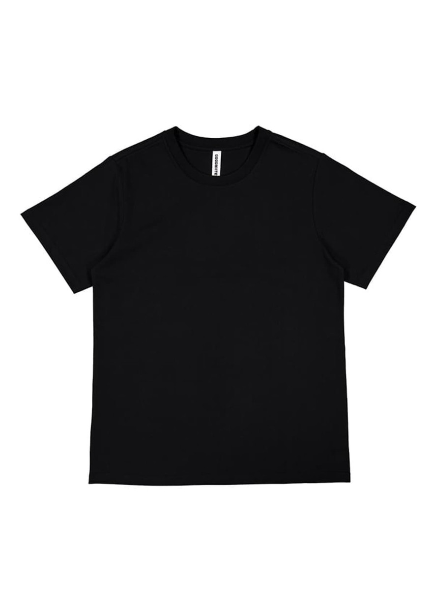 A black women's short sleeve tee with a simple design and a brand tag.
