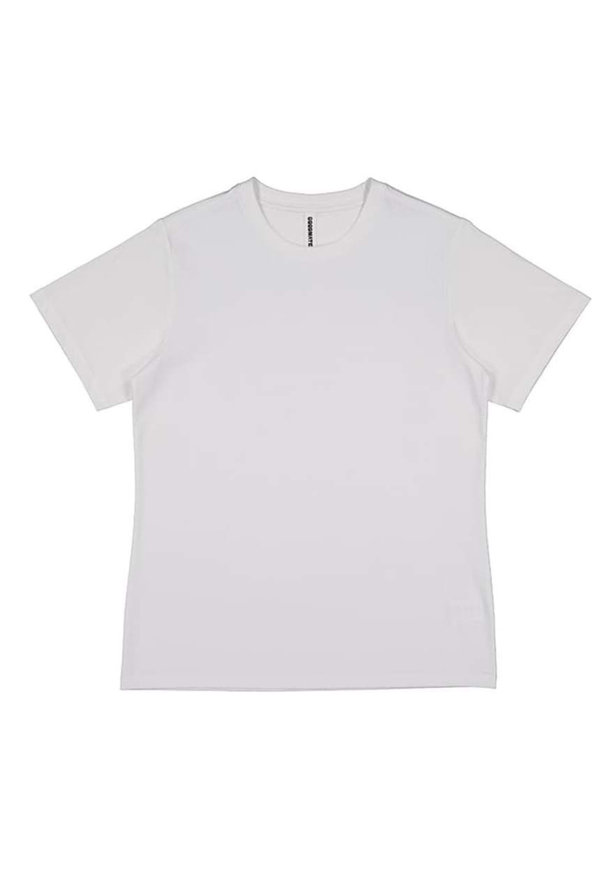 A white women's short sleeve tee with a round neckline and a subtle logo on the label.