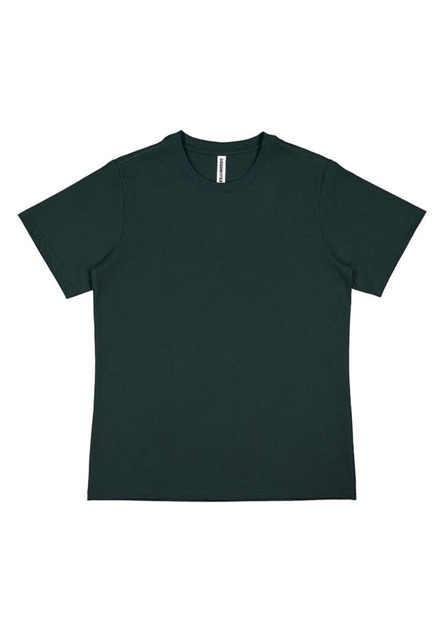 A women's short sleeve tee in dark green, featuring a simple design and a label at the neckline.