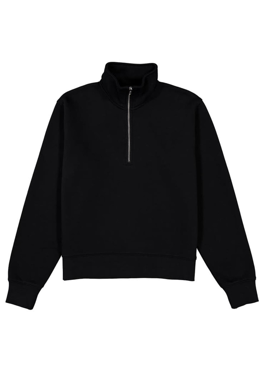 A black women's jumper featuring a 1/4 zip and long sleeves, with a ribbed hem and cuffs. It has a logo.