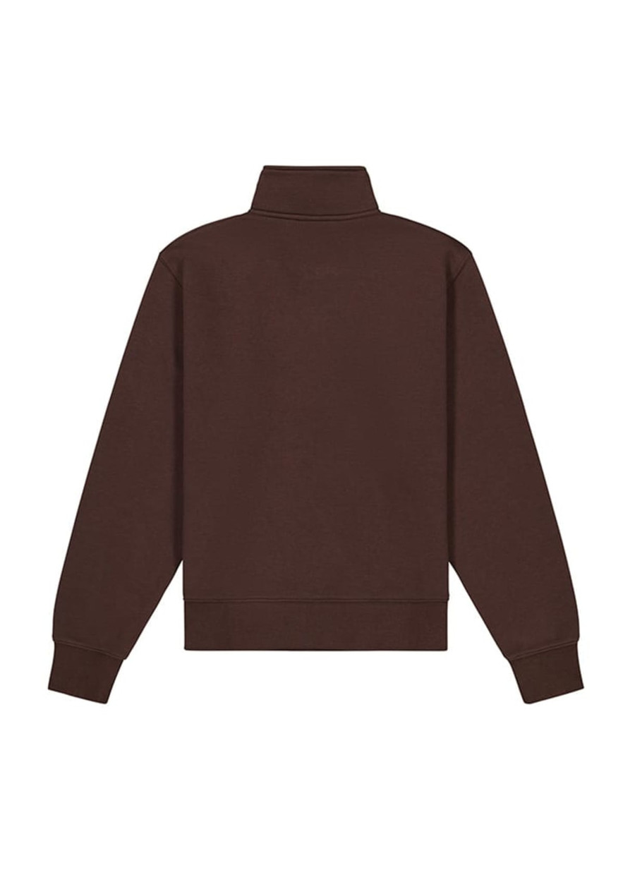 A brown women's 1/4 zip jumper, featuring a high collar and long sleeves, with a logo on the back.