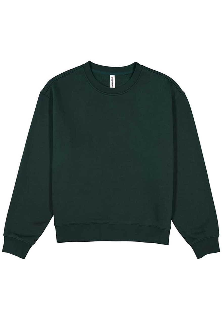 A green women's everyday crew sweatshirt with a relaxed fit and long sleeves, featuring a logo.