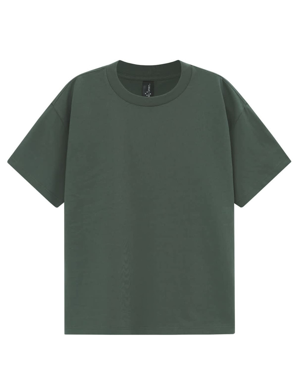 A green unisex heavy cotton oversized tee with a relaxed fit and round neckline. It features a logo on the label.
