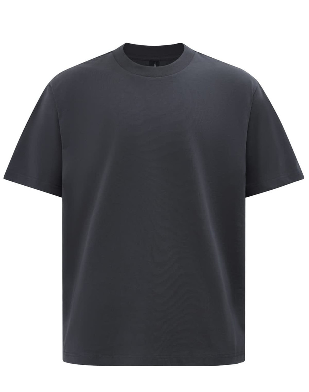 A black unisex heavy cotton oversized tee featuring a simple design and a round neckline. It has a logo on it.