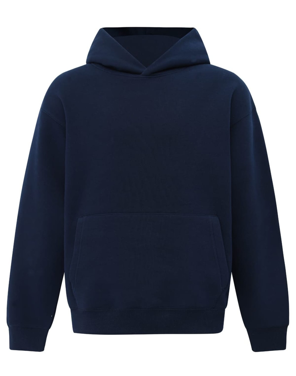 A unisex premium fleece oversized hoodie in navy blue, featuring a front pocket and a hood. It has a logo.