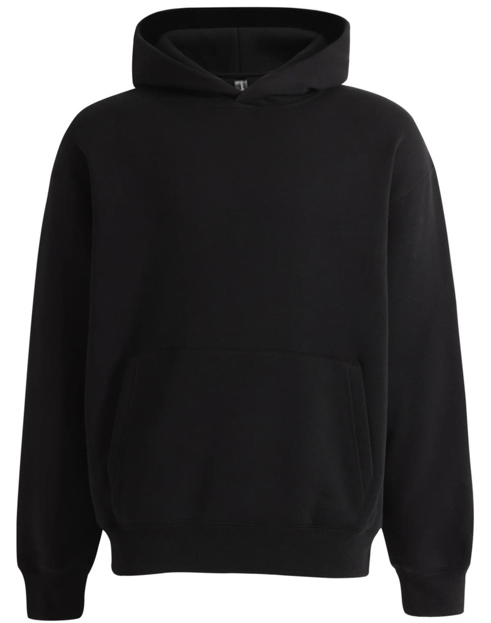 A black unisex premium fleece oversized hoodie with a front pocket and a hood. Features a logo.