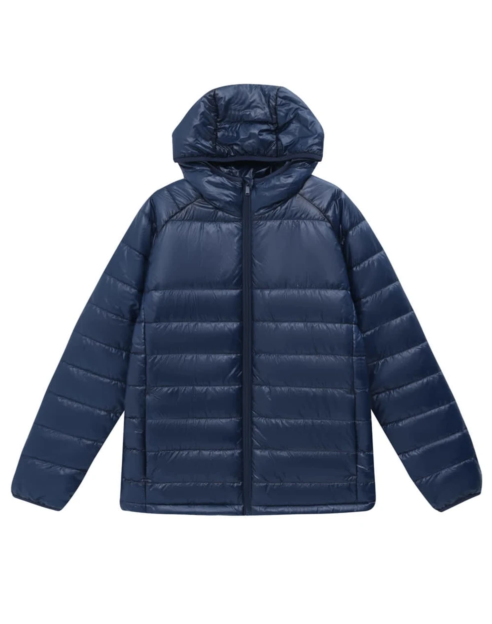 A lightweight, sustainable hooded puffer jacket in navy blue, featuring a zip front and a branded logo.