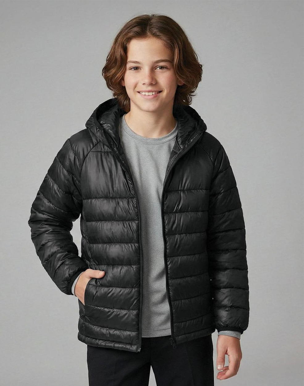 A lightweight puffer jacket in black with a hood, featuring a zip front and a smiling child wearing it.