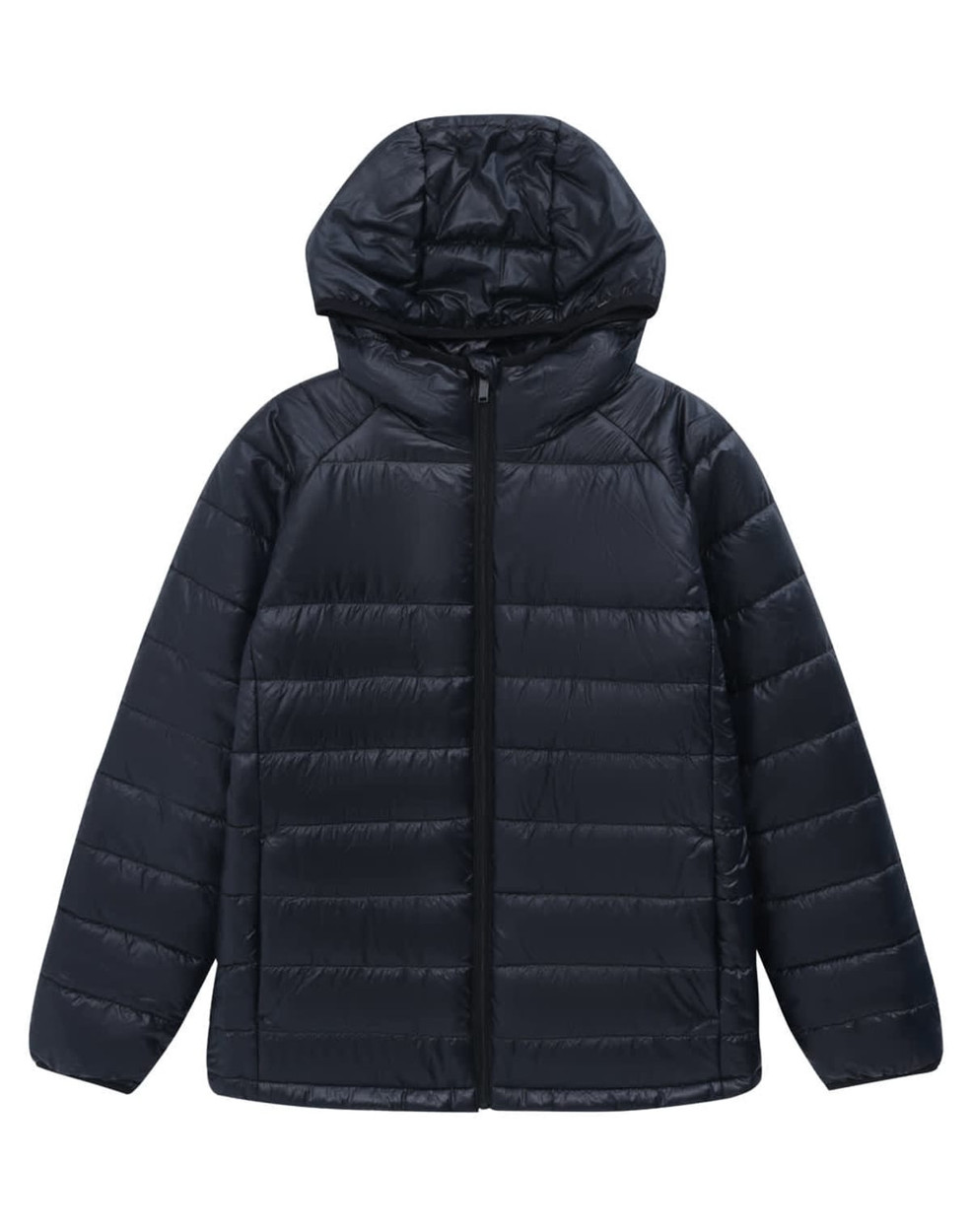 A lightweight hooded puffer jacket in navy blue, featuring a zip front and a smooth finish. It has a logo on the sleeve.