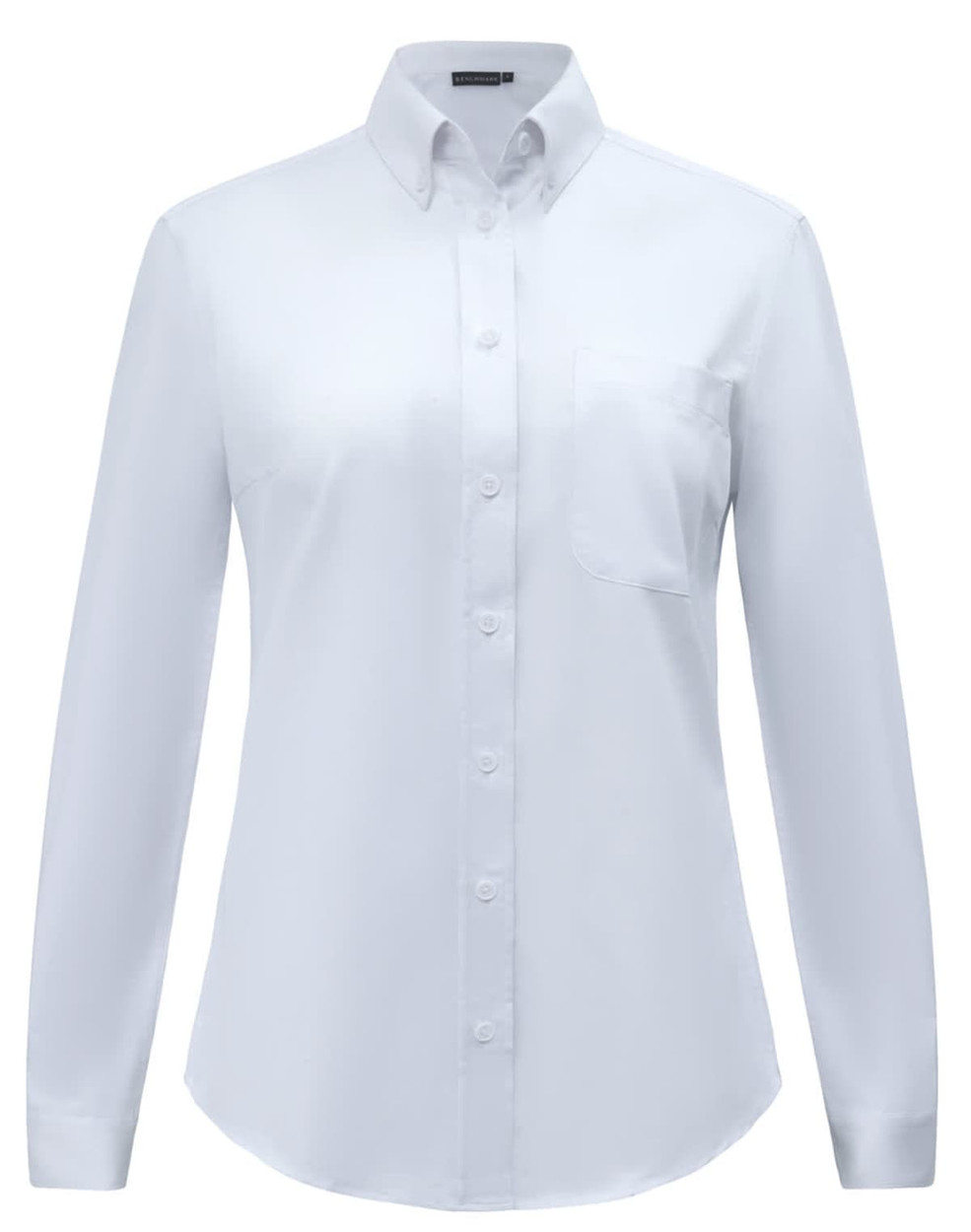 A white long-sleeved cotton blend shirt for women with a collar and a pocket on the chest. It features a logo.