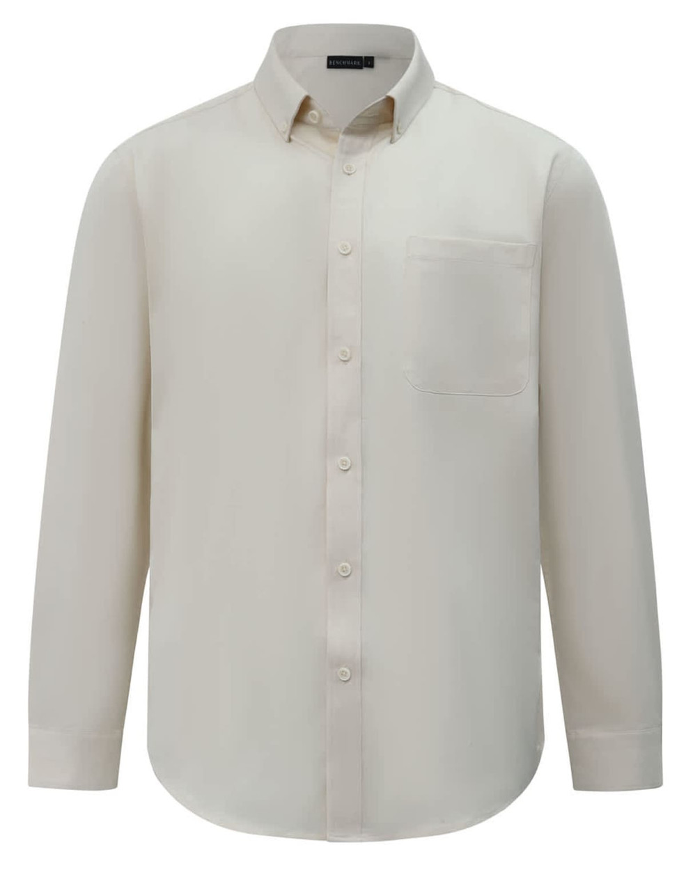 A men's smart casual long-sleeve shirt in a light cream colour with a chest pocket and button-down collar.