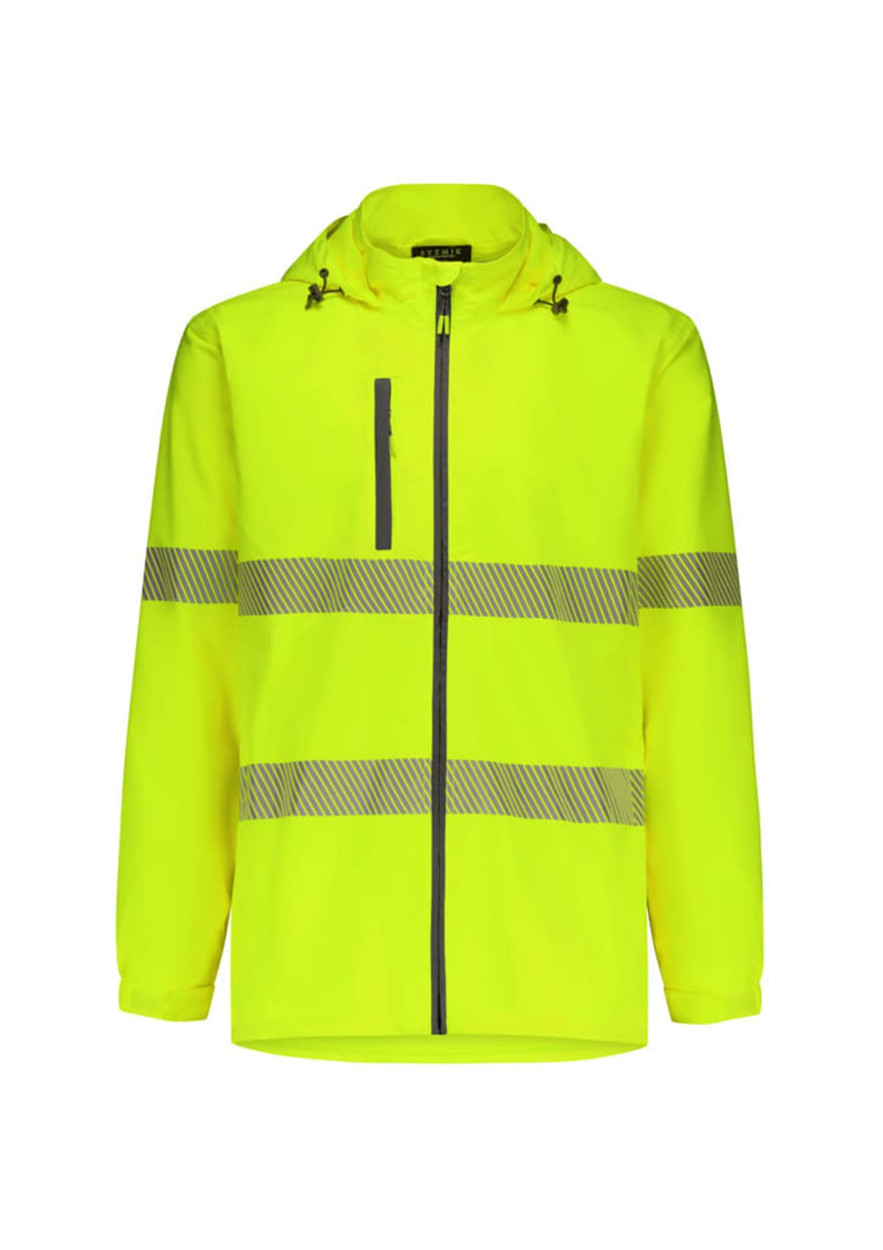 A bright yellow rain jacket with reflective stripes and a hood, featuring a zippered front and pockets.