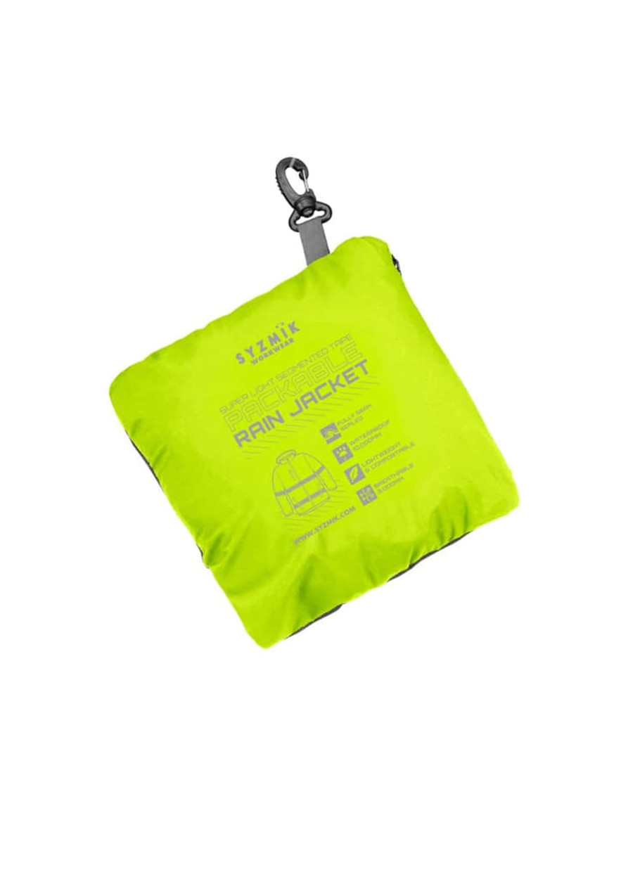 A packable rain jacket in bright yellow, featuring a logo and a clip for easy attachment.