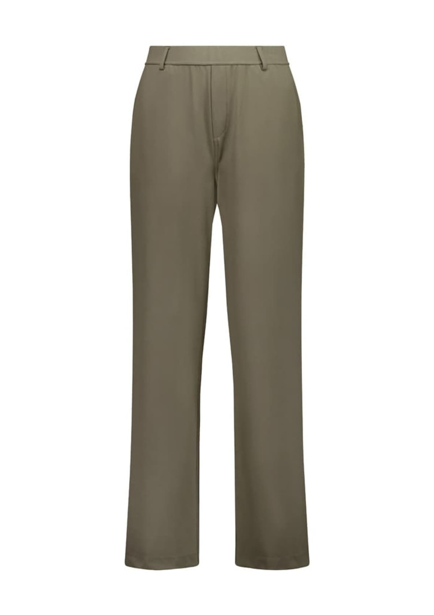 A pair of women's soft stretch pants in an olive green shade, featuring a straight-leg design.