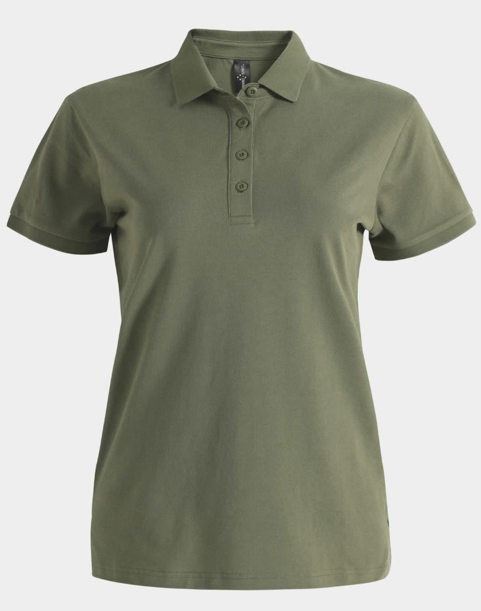 A green ladies ultrafine cotton pique polo featuring a collar and three buttons, with a logo on the chest.
