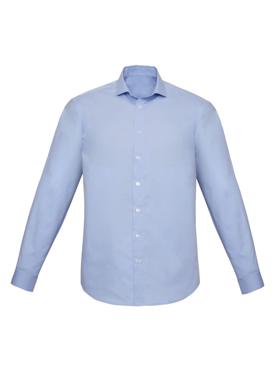 A light blue long sleeve button-up shirt with a slim fit design and a collar, featuring a logo on the label.