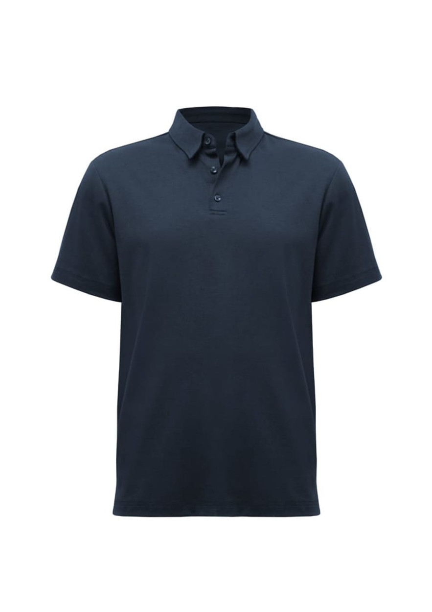 A navy blue short sleeve polo shirt featuring a collar and a logo.