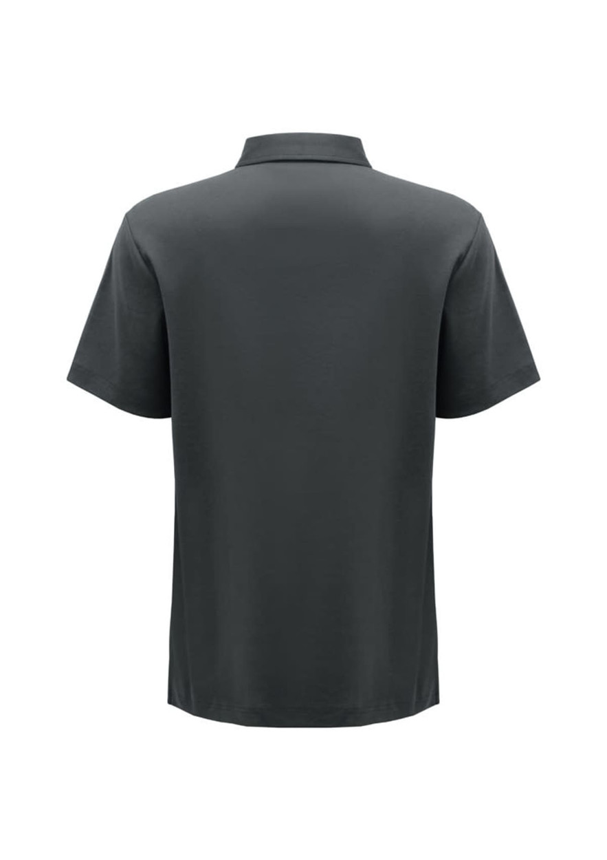 A dark grey men's short sleeve polo shirt with a collar and a branding logo on the back.