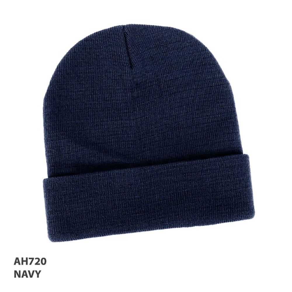 A navy acrylic beanie with a folded cuff and a textured finish, featuring a logo.