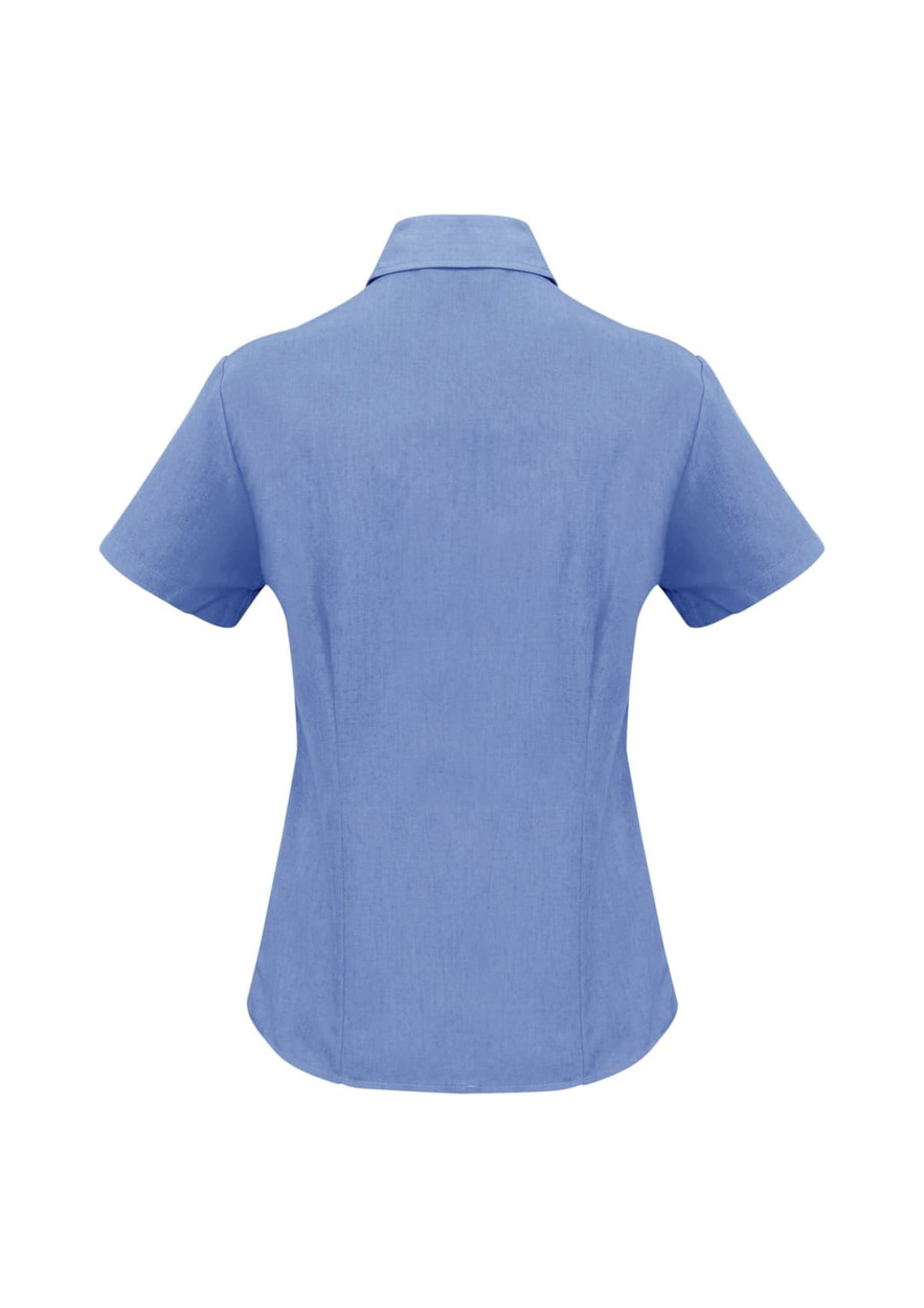 A short-sleeve blue button-up shirt with a fitted design, featuring a collar and a logo.