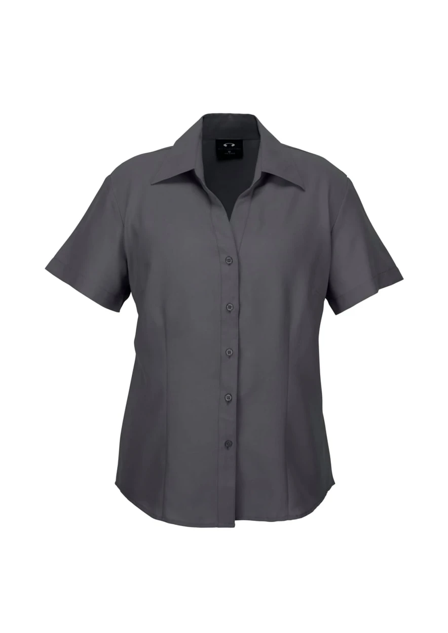 A short sleeve button-up shirt in grey with a collar and a logo on the chest.