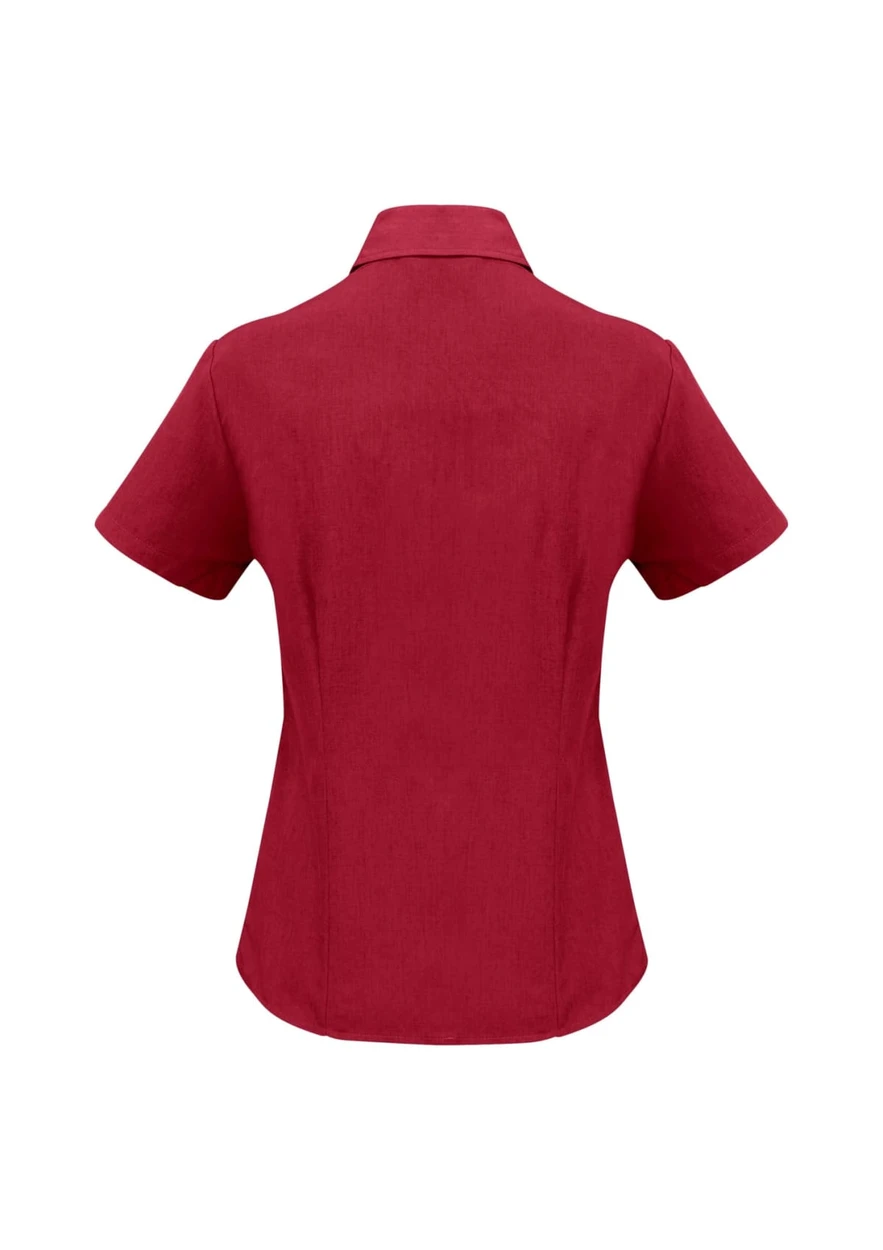 A short sleeve button-up shirt in a rich burgundy colour, featuring a classic collar and a fitted style.