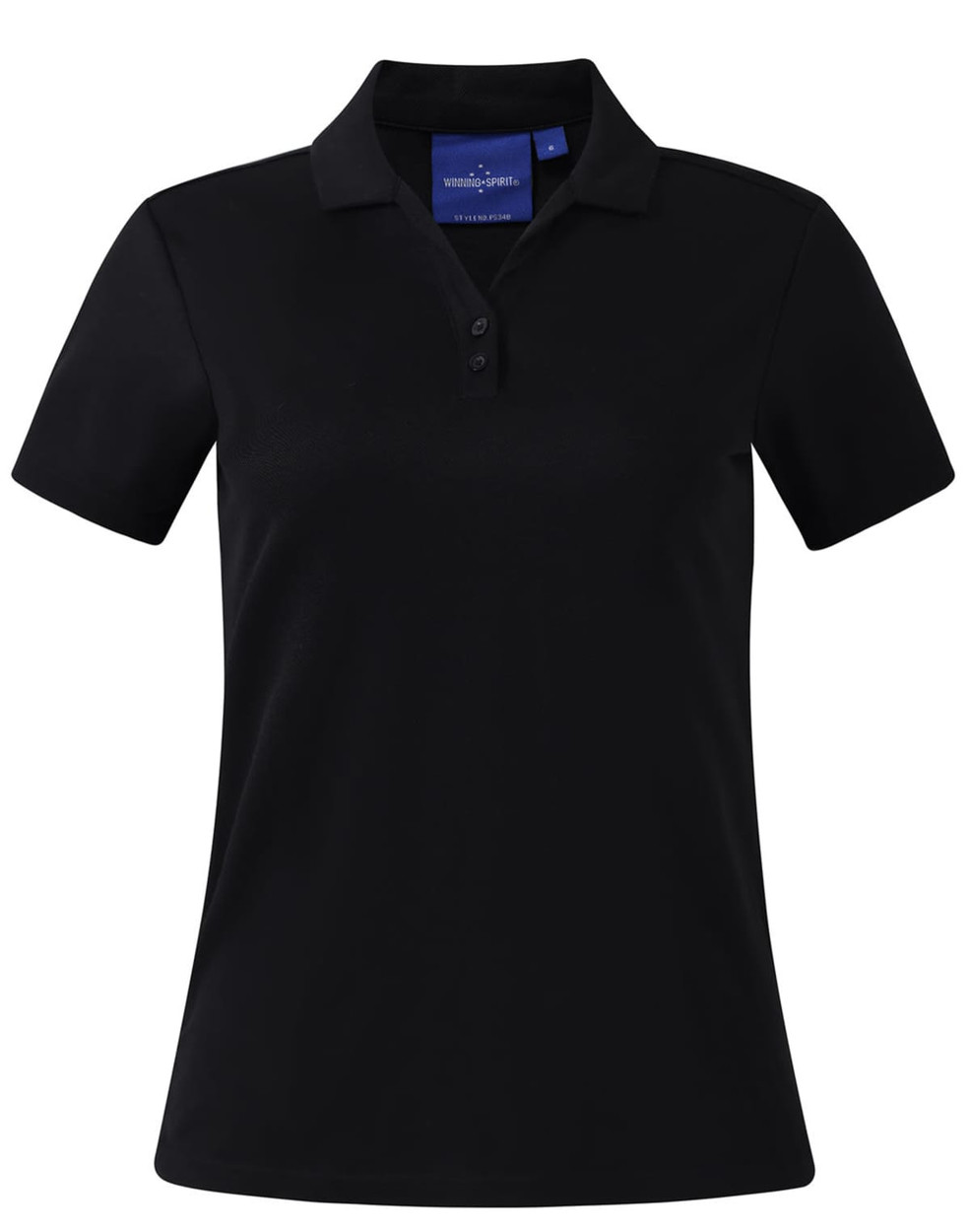 A black short sleeve polo shirt with a collar and button detailing, featuring a logo on the chest.