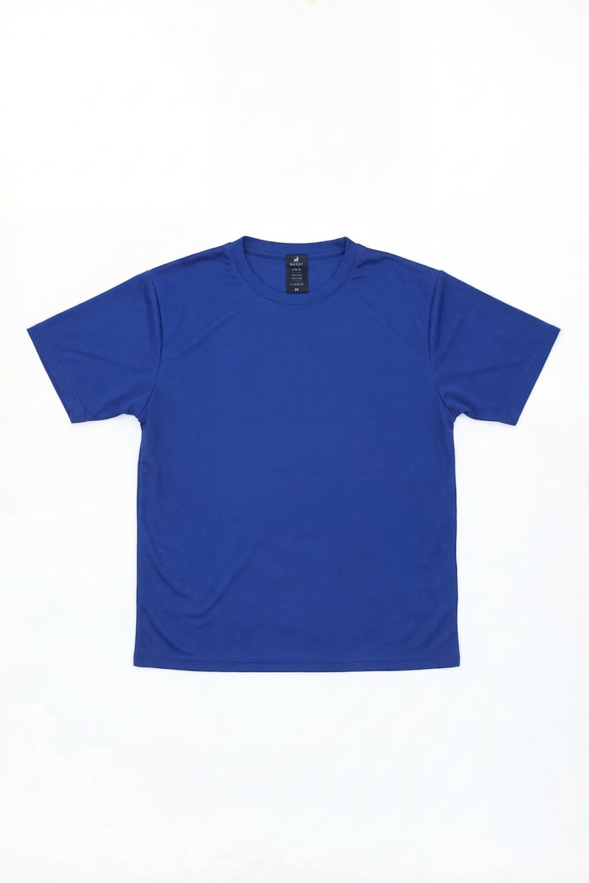 A blue T-shirt with a round neckline and short sleeves, featuring a logo on the label.