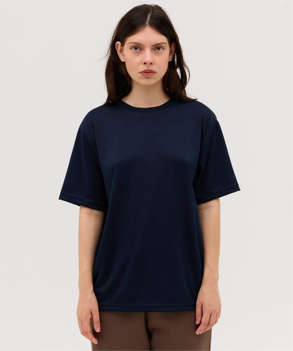A navy blue t-shirt with a relaxed fit, featuring a simple design and a logo on the side.
