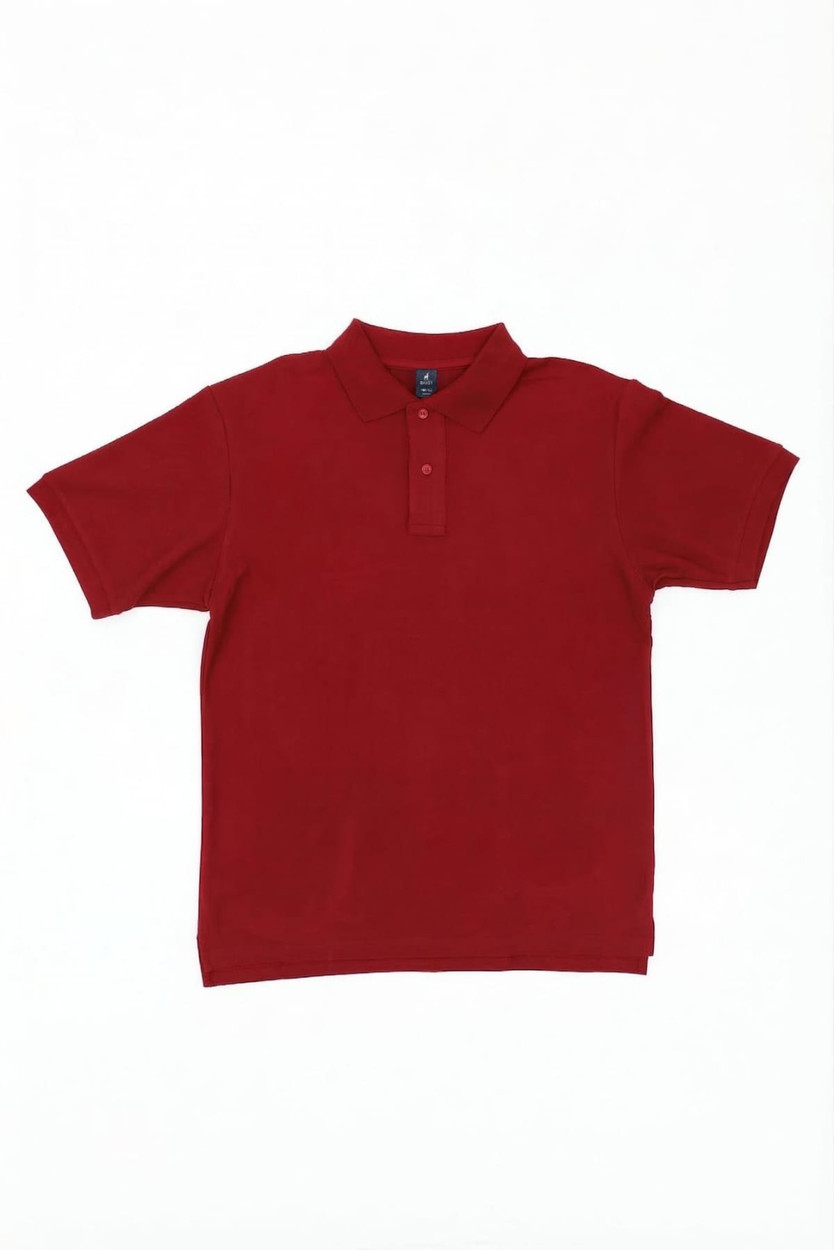 A red polo shirt featuring a collar and short sleeves, displayed flat against a white background.