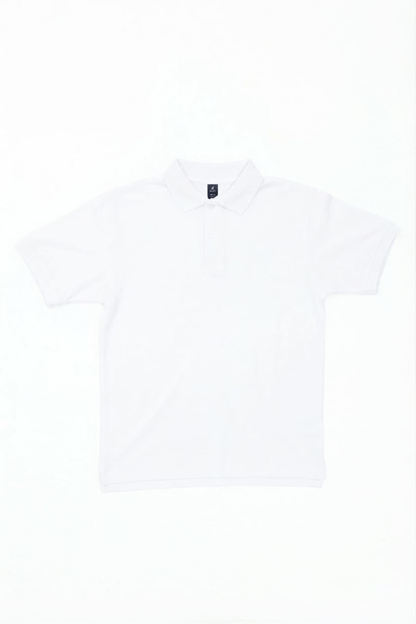 A white polo shirt featuring a collar and short sleeves, with a small logo on the chest.