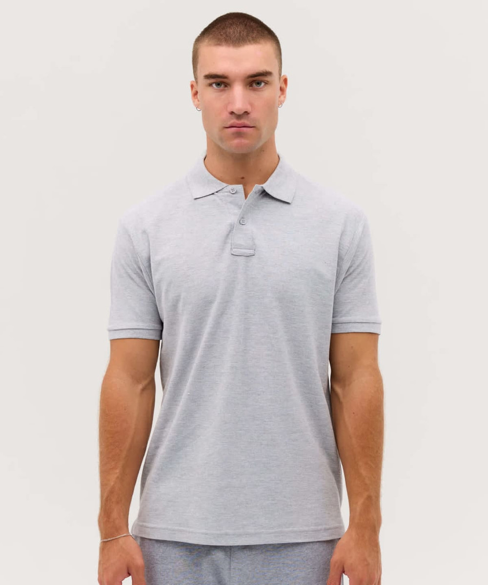 A grey polo shirt with a collar, featuring short sleeves and a logo on the front.