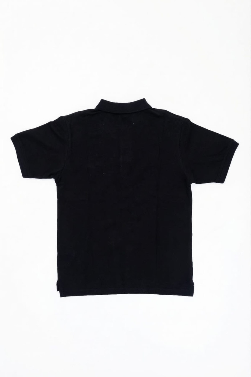A black polo shirt featuring a short sleeve design and a back view. It includes a branding logo.