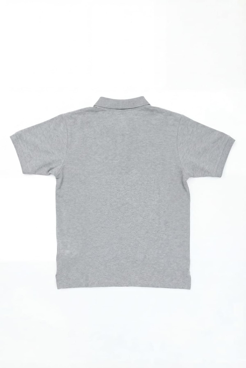 A grey polo shirt with a collar, featuring a logo on the back.