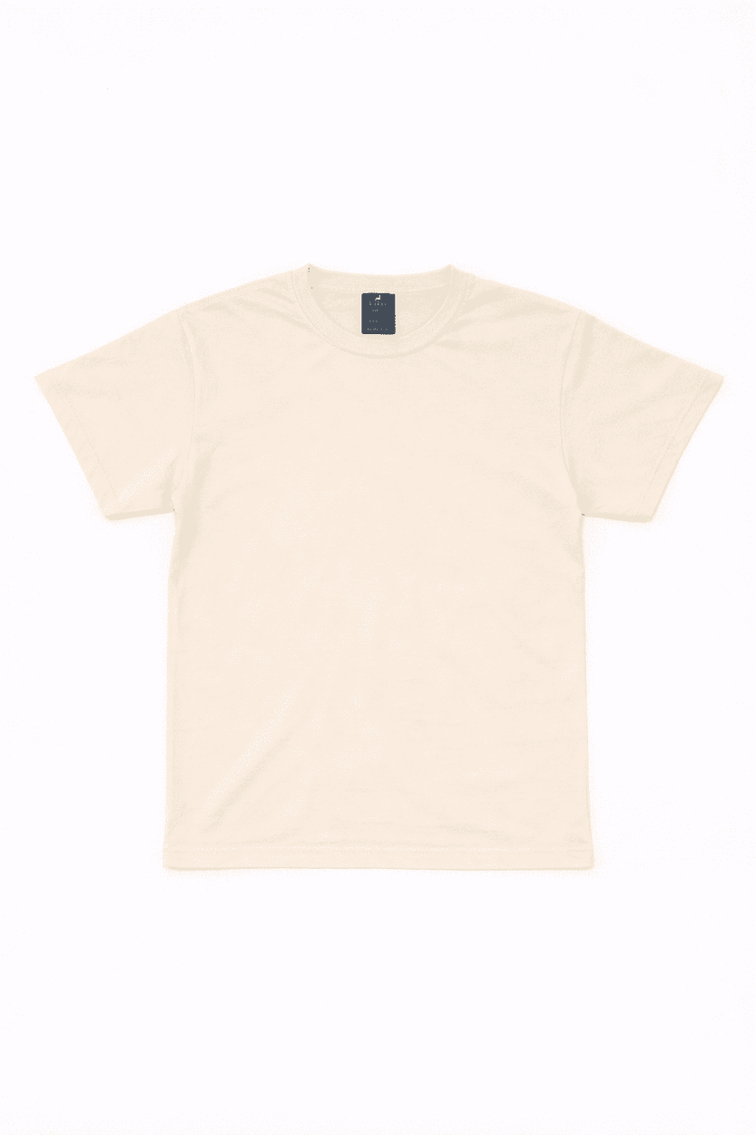A cream-coloured T-shirt with short sleeves and a logo on the back.