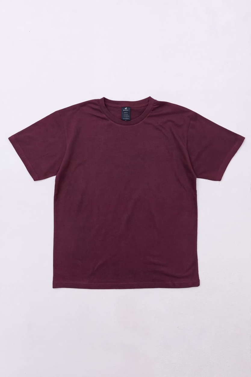 A maroon T-shirt with a round neck and short sleeves, featuring a logo on the inside label.