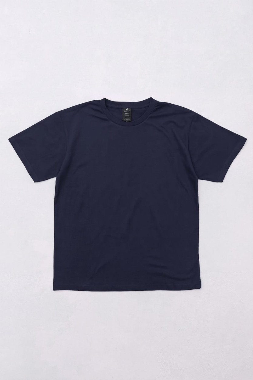 A navy T-shirt featuring a logo on the neckline, laid flat on a light background.