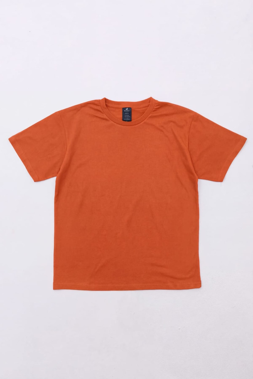 An orange T-shirt with short sleeves laid flat, featuring a logo on the neckline.