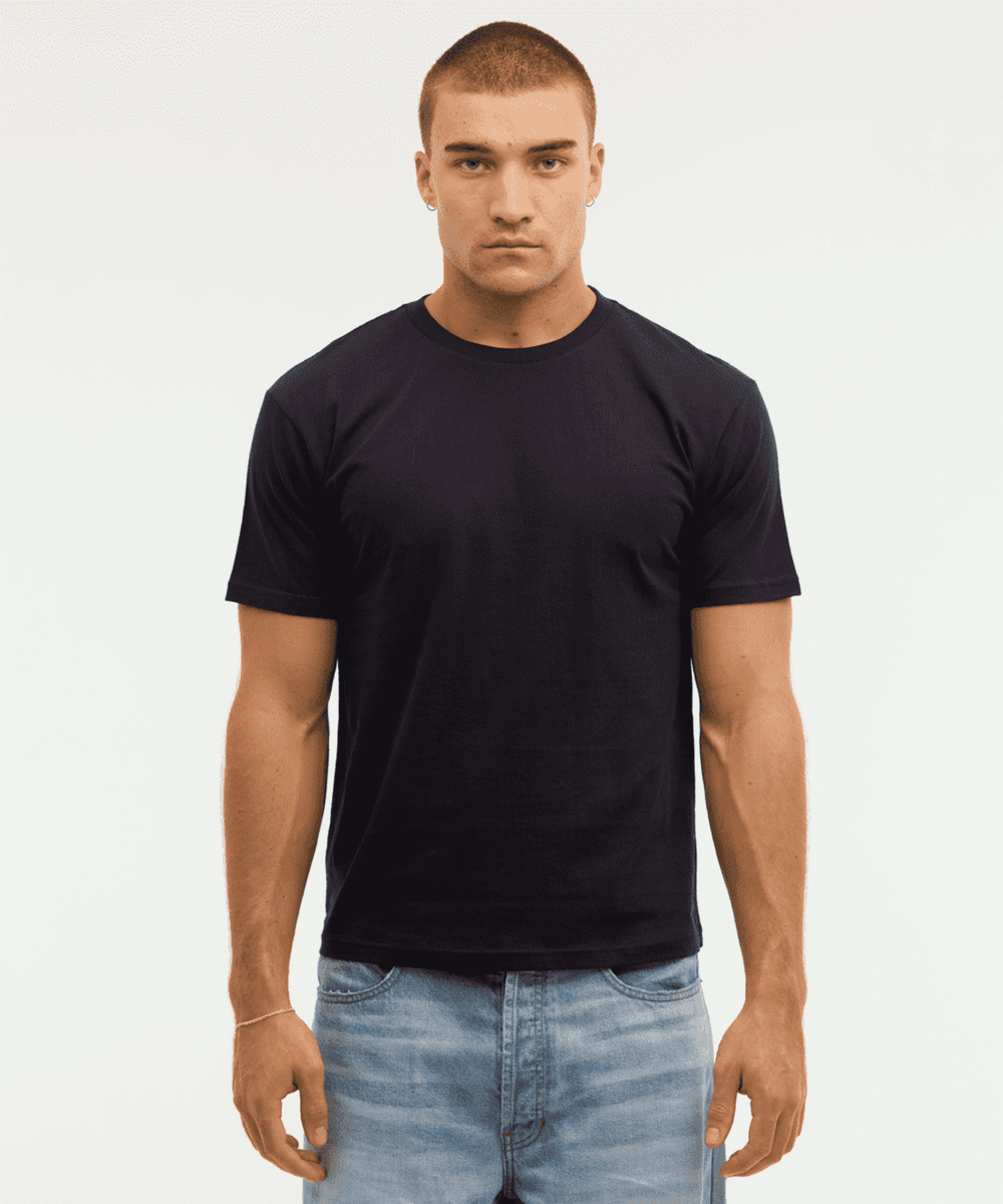 A navy blue t-shirt with short sleeves and a solid design, featuring a simple branding logo on the front.