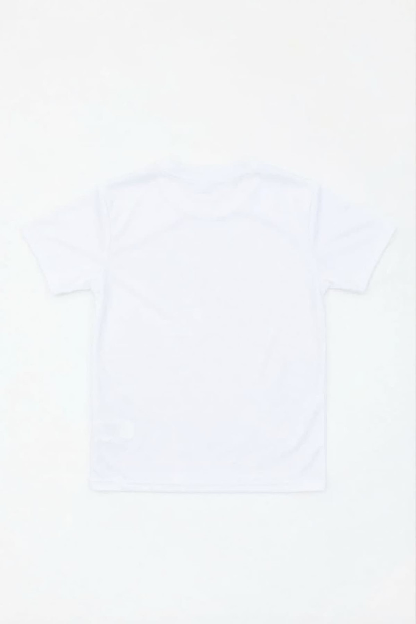 A white youth tee featuring a curved neckline and a subtle logo on the side. Ideal for active wear.