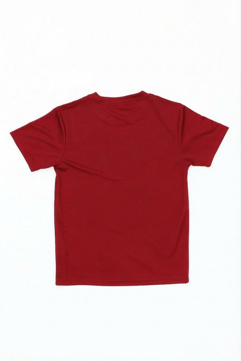 A red youth core tee featuring a simple design and a logo on the back. Suitable for casual or sports wear.