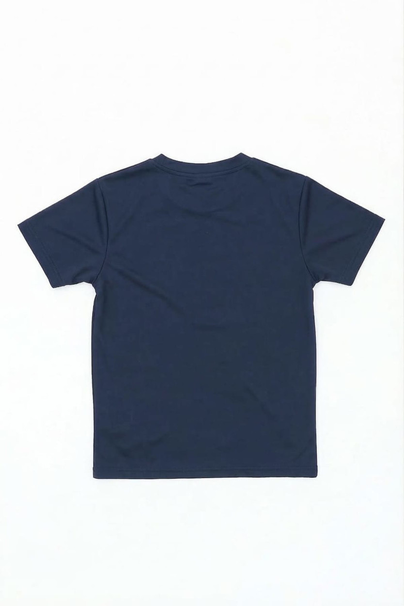 A navy blue youth t-shirt with a plain back and a logo present on the fabric.
