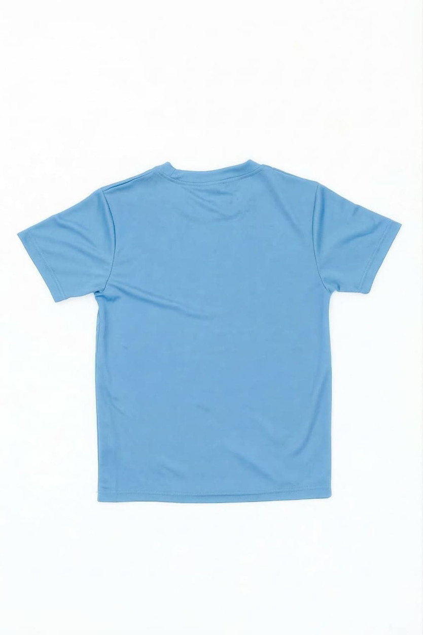 A blue youth tee featuring a plain back design, made from a soft fabric. Includes a logo on the label.