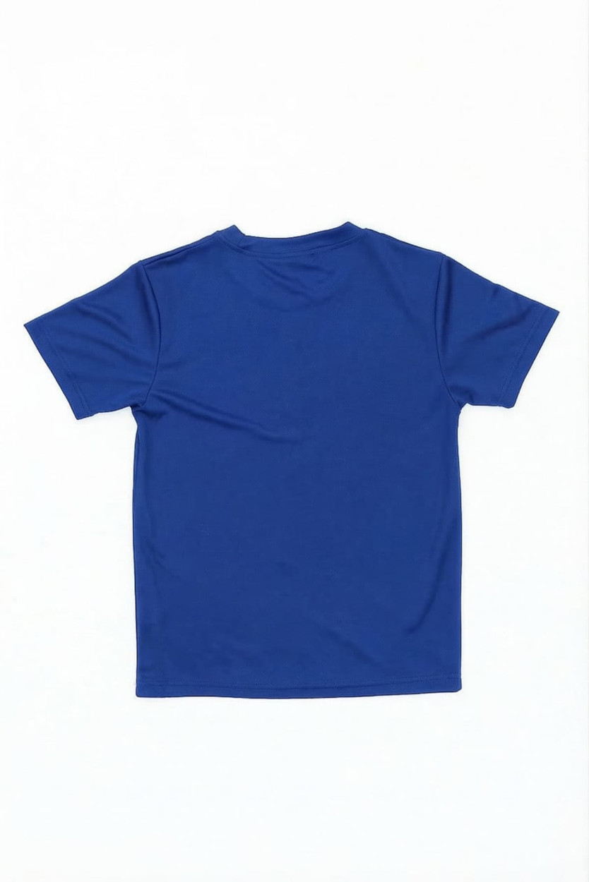 A blue youth core tee featuring a plain design and a logo on the back.
