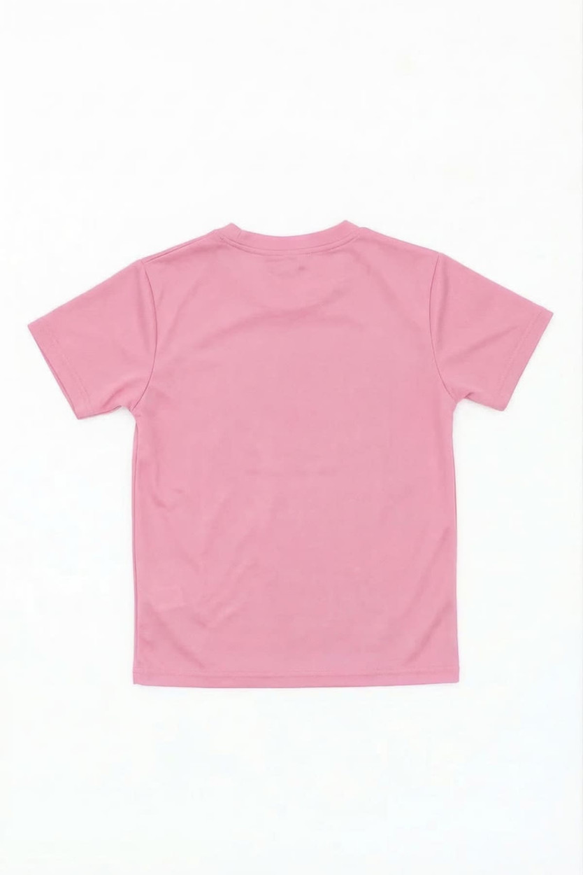 A pink youth core tee with a simple design, featuring a logo. Ideal for casual wear or sports activities.