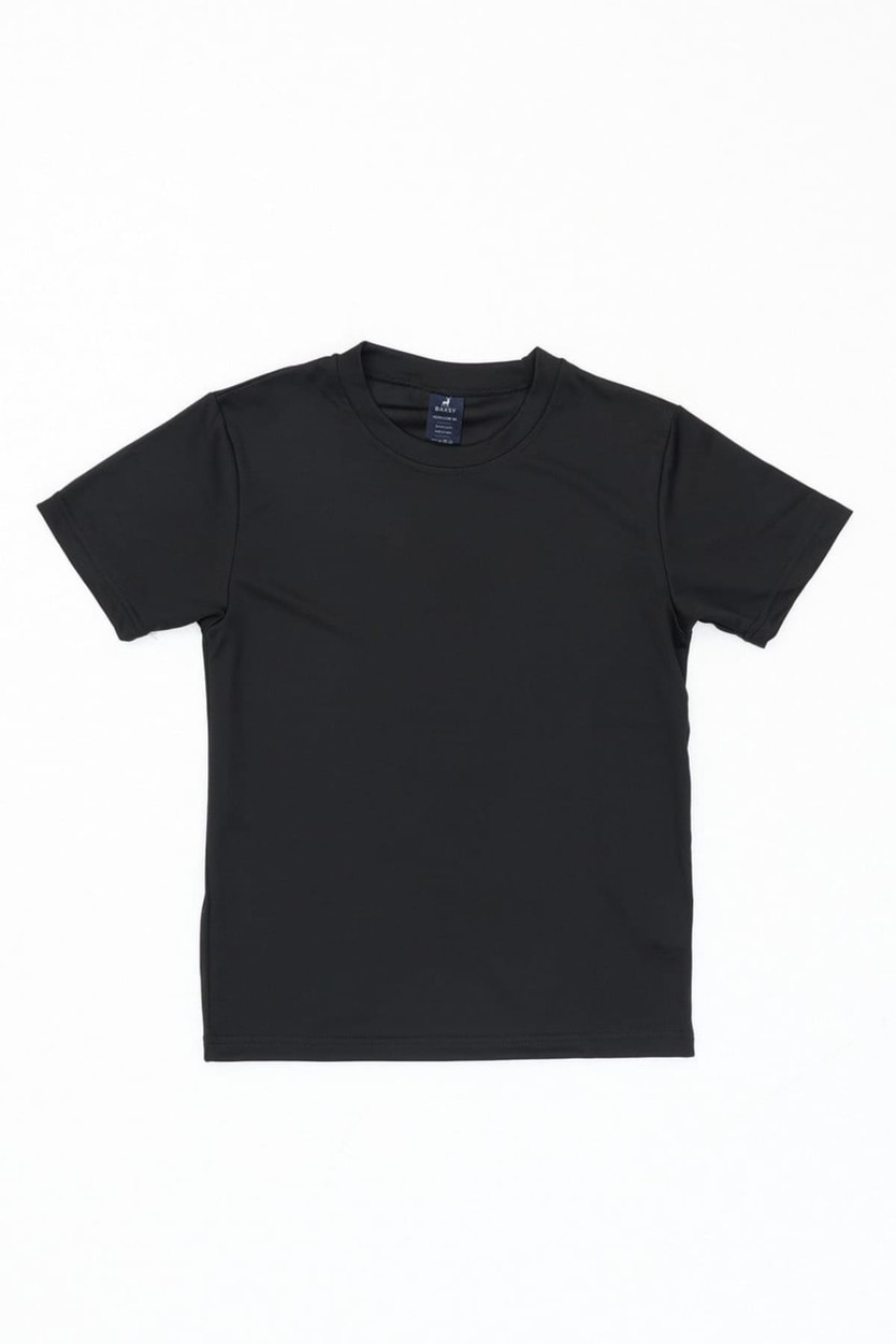 A black youth tee with a round neckline and short sleeves, featuring a logo on the inside label.